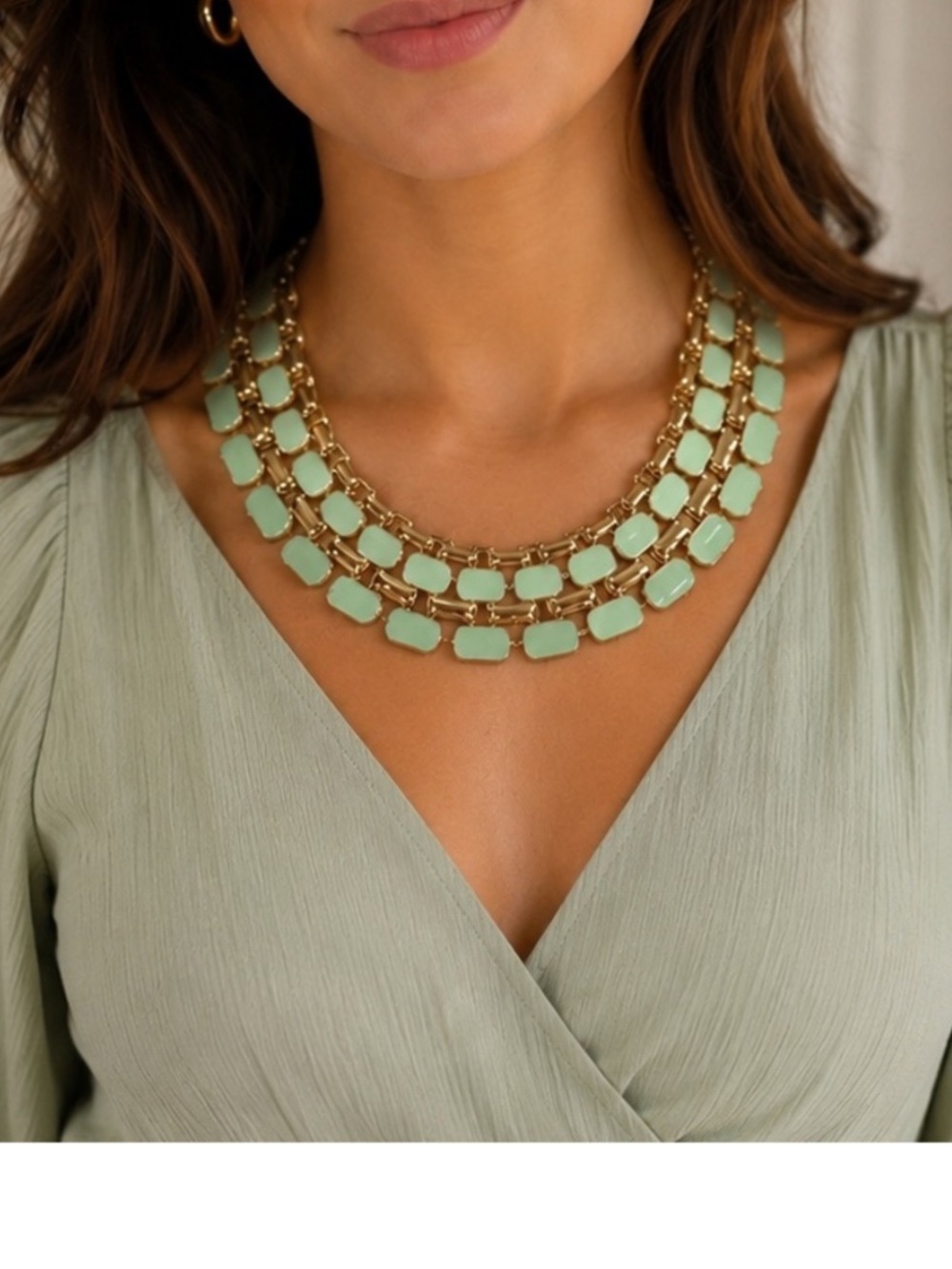 NEW Mint Green & Gold Tone Statement Necklace | Multi-Strand Bib Necklace
